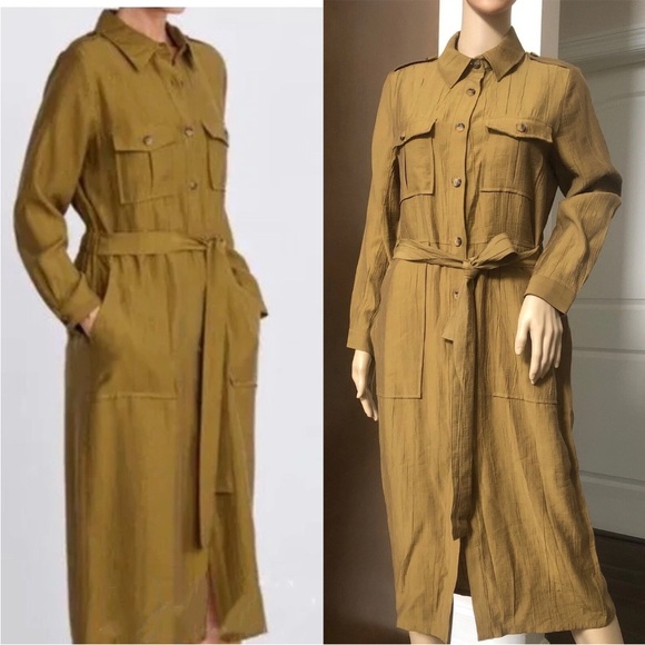 Zara Shirt Dress Tan Camel Color Pockets Belt Long Sleeve Size X-small Collar - Picture 2 of 15